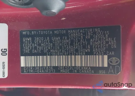 2015 Toyota Corolla Le из США, поврежденный, VIN 2T1BURHE8FC374968